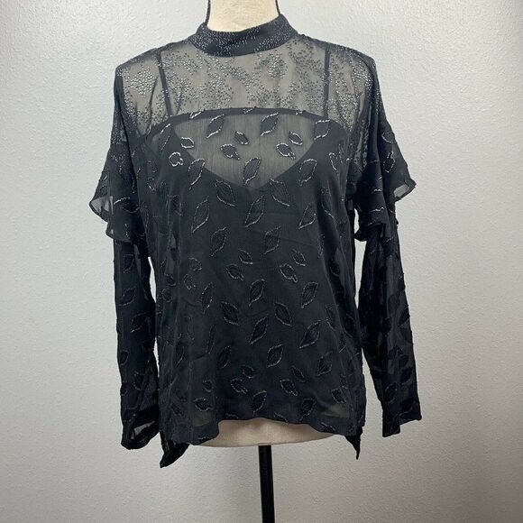 BCBGMAXAZRIA Blouse Womens XXS Black High-Low Sheer Chiffon Metallic Shirt - Picture 3 of 6